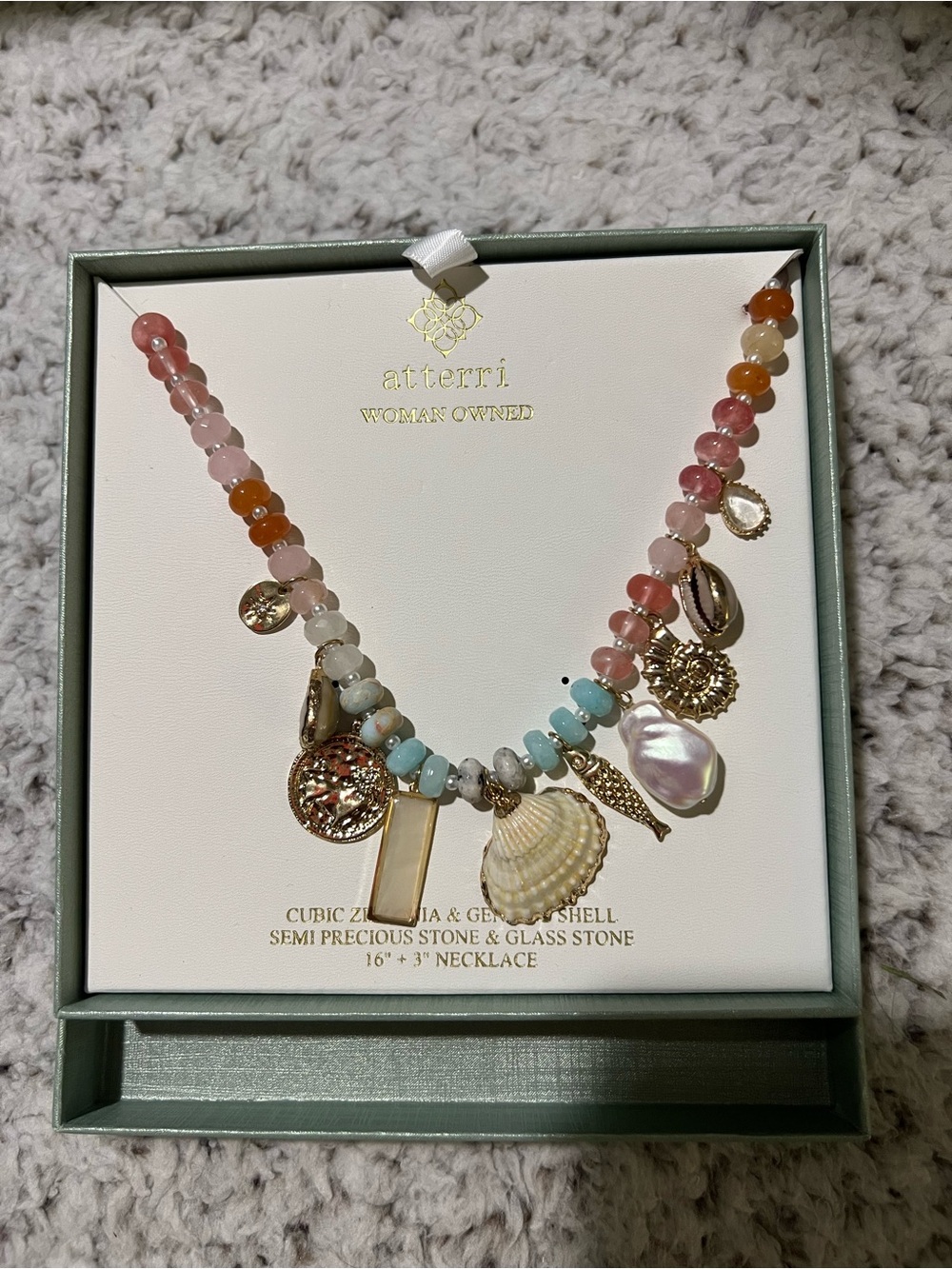 Atterri Multicolor Beaded Charm Necklace with Shell and Gold Accents